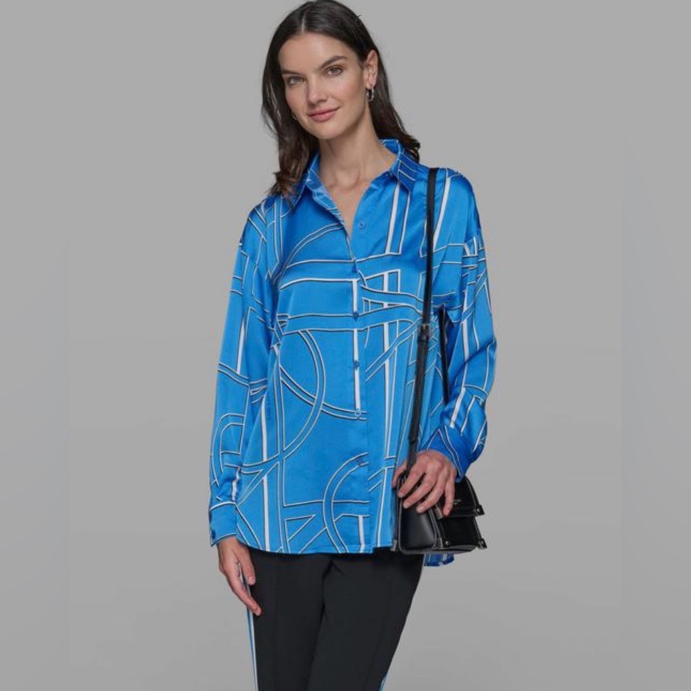 Karl Lagerfeld Paris NWT Size M Blue White & Black Geometric Print Blouse (0800)
